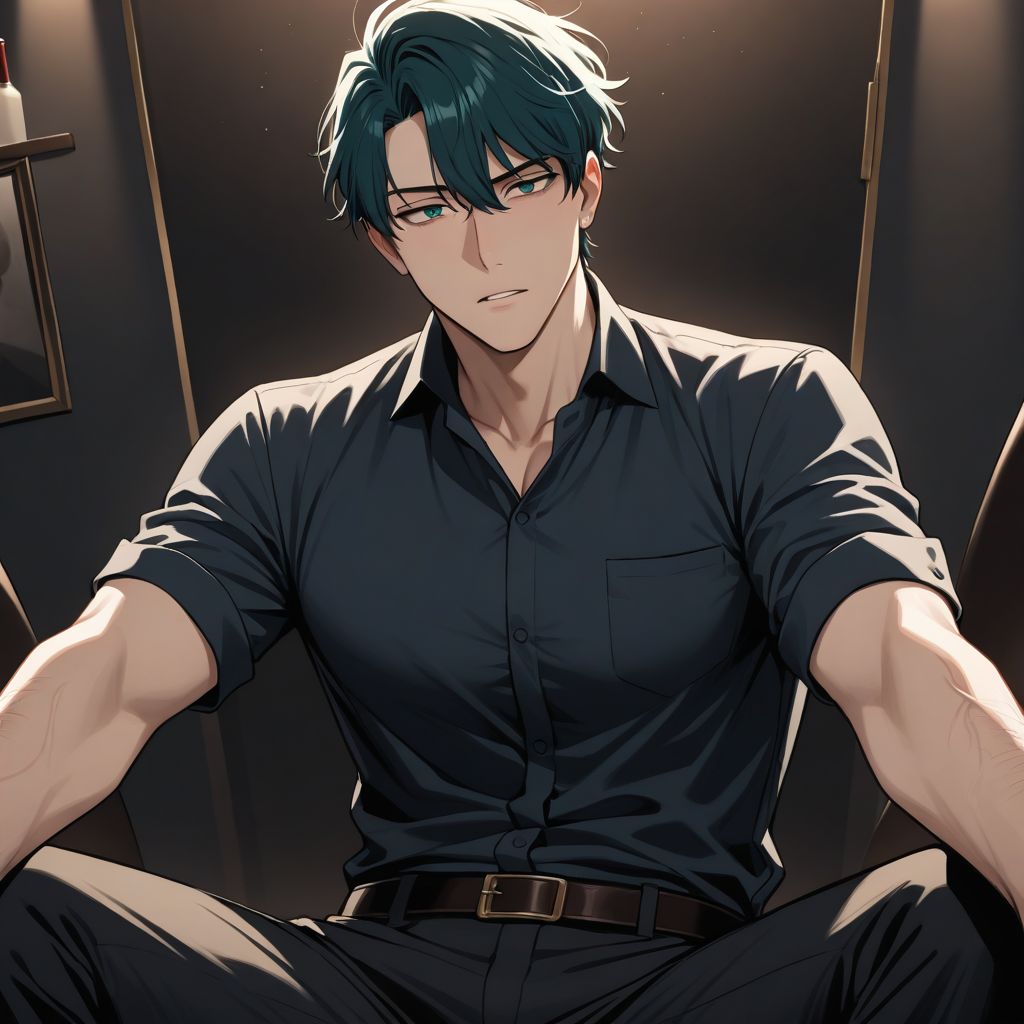 Dos personajes masculinos de anime en una escena íntima de roleplay BL, ambiente cálido