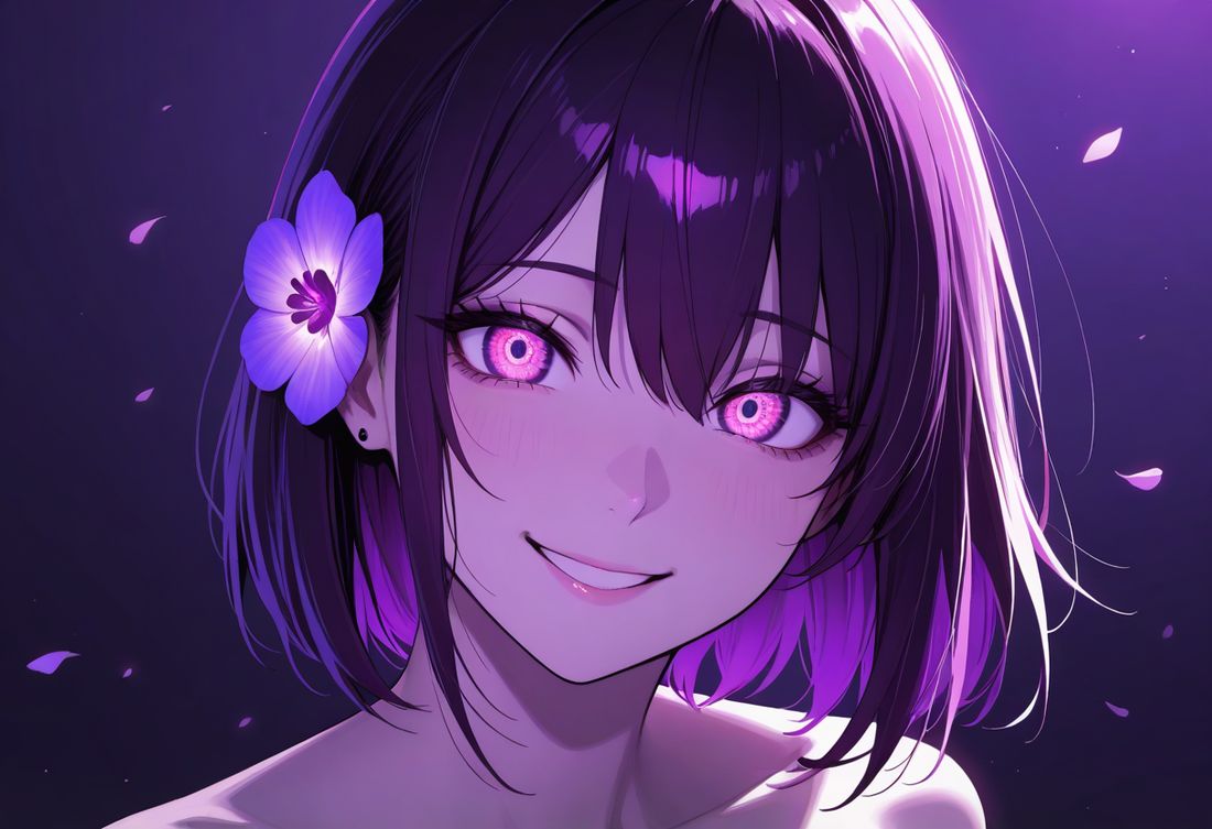 Chica yandere de anime con mirada intensa y sonrisa dulce e inquietante en penumbra