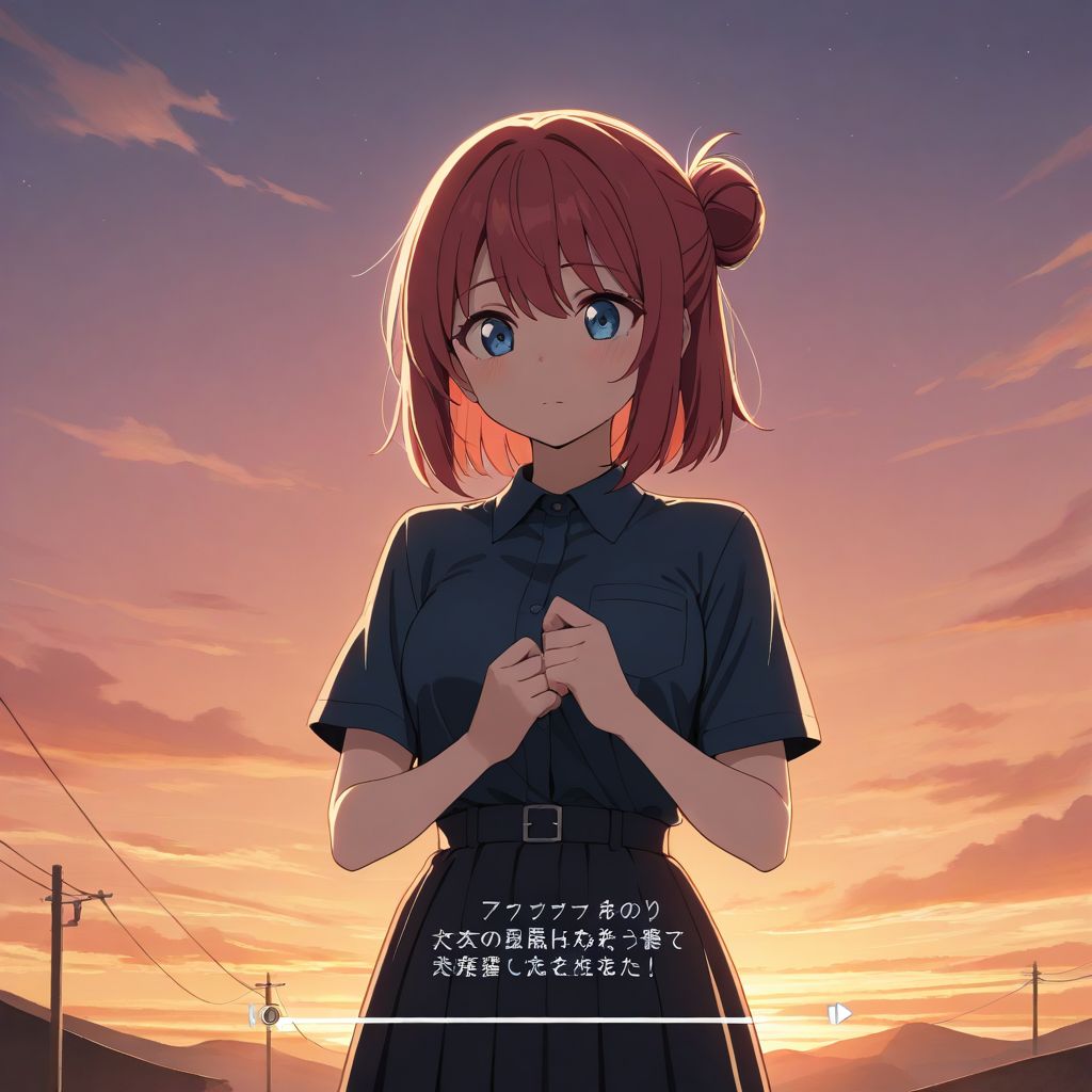 Personaje de anime sobre un fondo ilustrado de novela visual, con caja de texto y ambiente japonés clásico