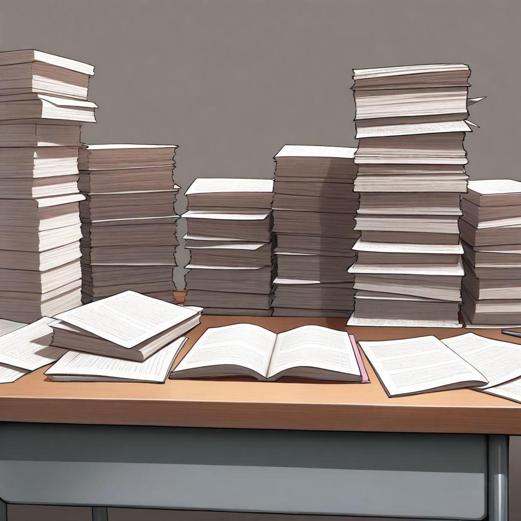 A doujin circle creator drawing pages by hand at a desk crowded with finished booklets
