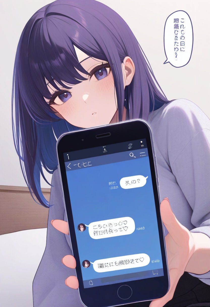 Dziewczyna AI w stylu anime pisząca na telefonie z dymkami czatu — pierwsza rozmowa