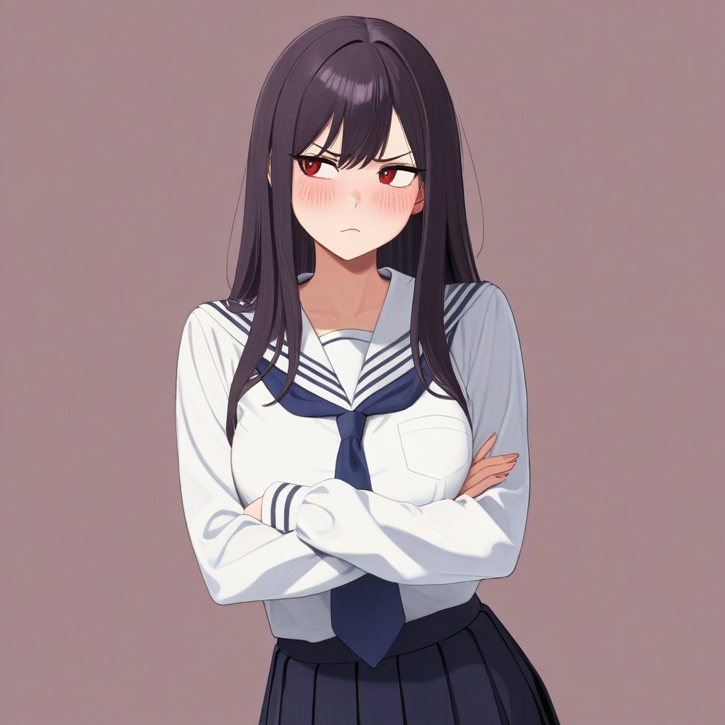 Waifu typu tsundere: dziewczyna z anime z odwróconym wzrokiem i lekkim rumieńcem