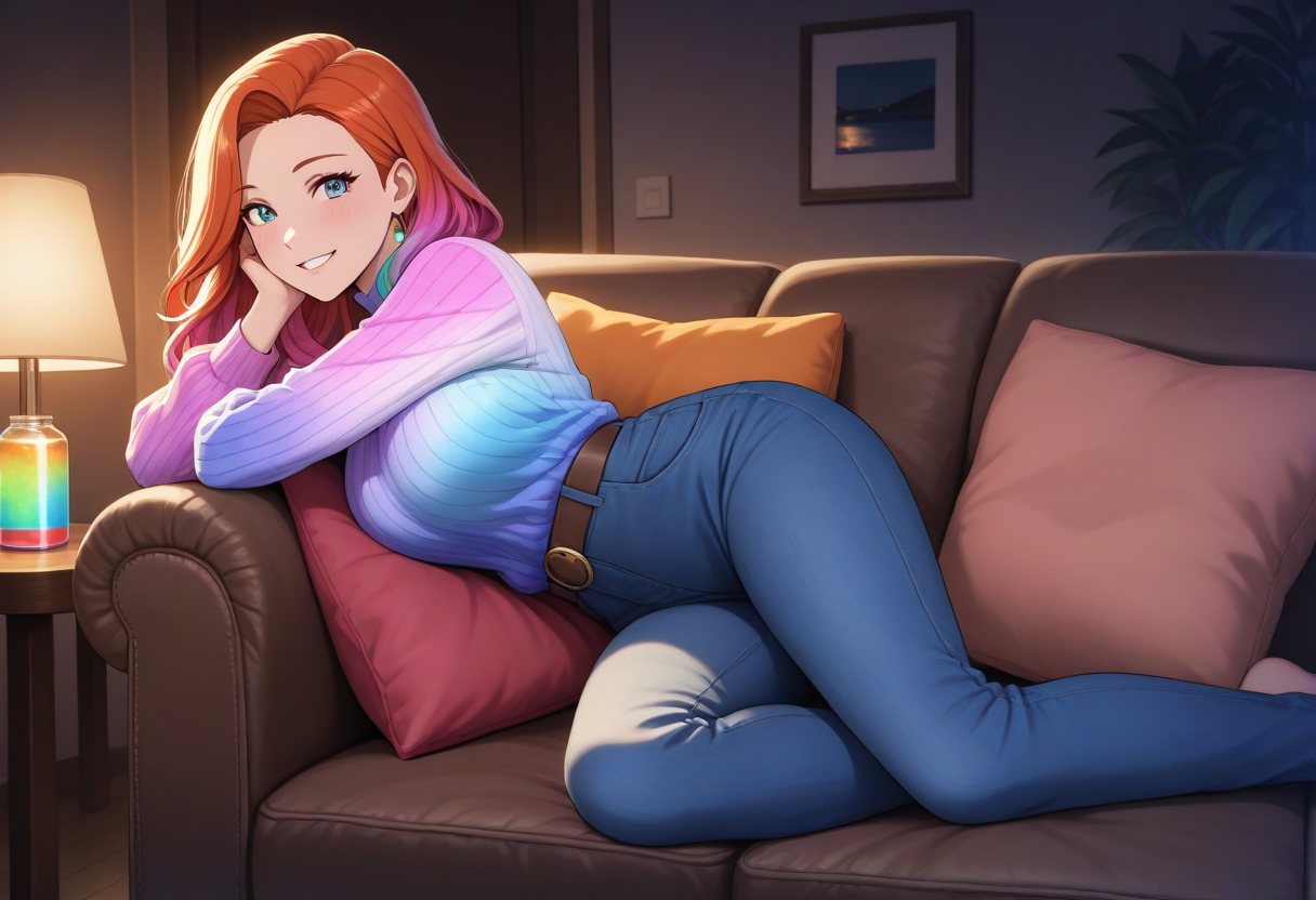 Девушка играет в игры вечером на диване