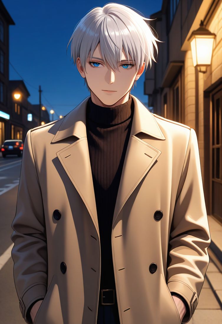 Charming silver-haired AI boyfriend in a long coat on an evening street