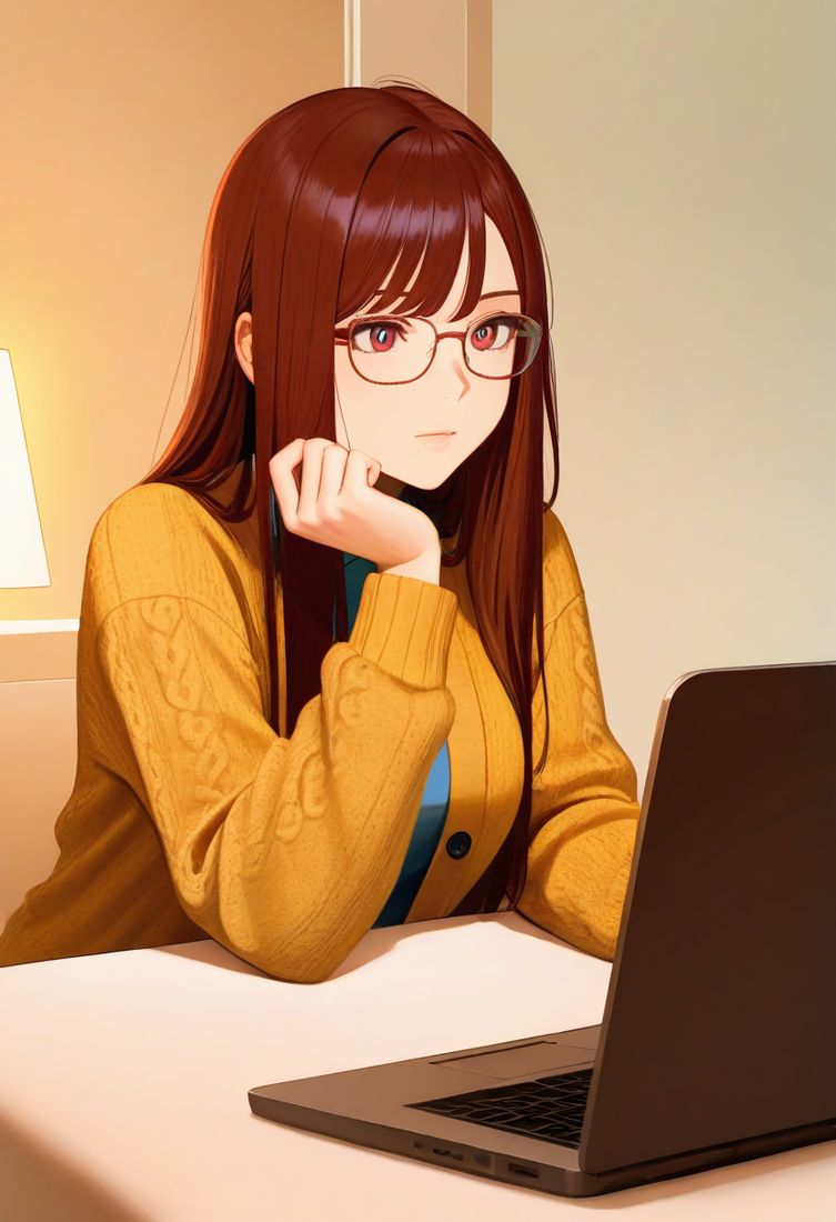 Thoughtful AI companion character with glasses at a laptop, evoking a secure, private setup for AI companion privacy