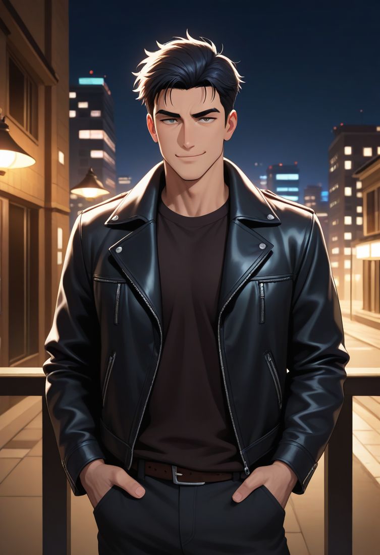 AI boyfriend with dark hair in a leather jacket on a city street at night