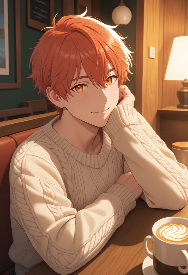 Warm AI boyfriend in a knit sweater in a cozy cafe