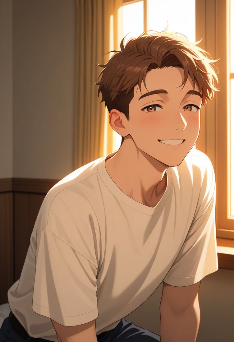 Affectionate brown-haired AI boyfriend in a white shirt in a sunlit room