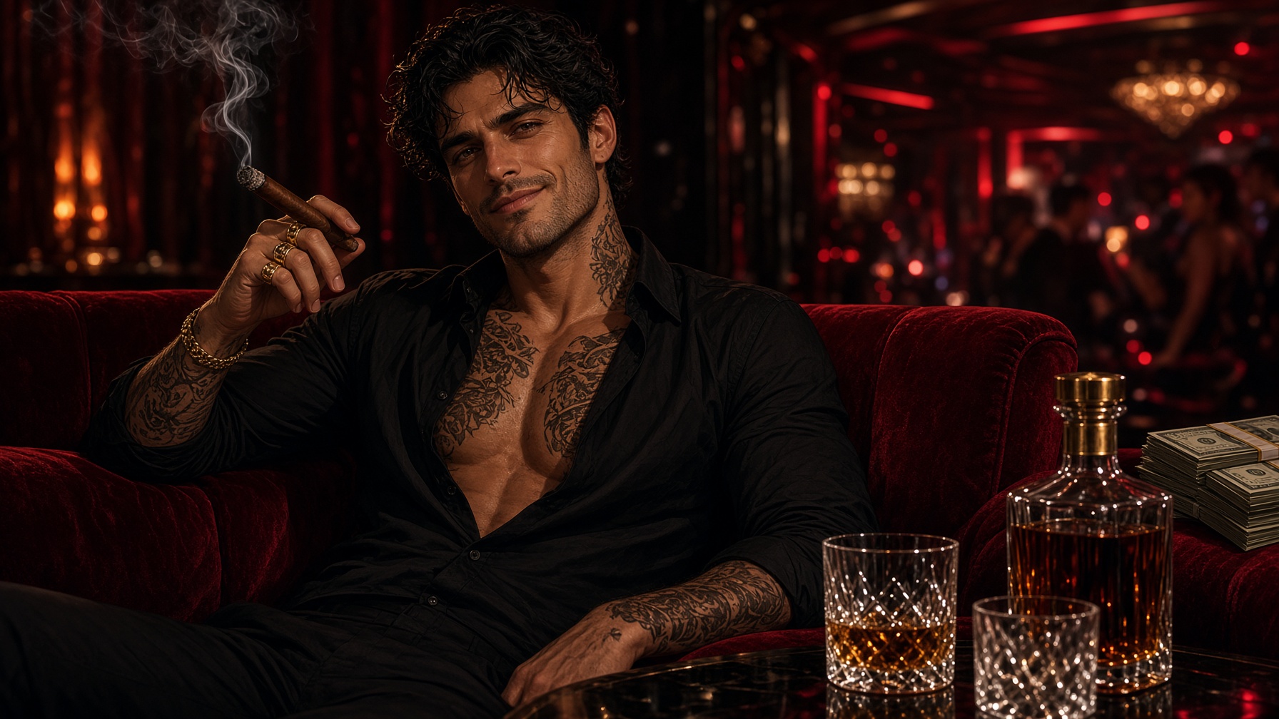 A man with a cigar in the VIP room of a club
