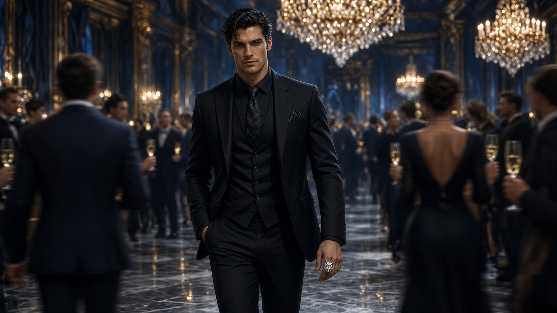 A man in a suit crossing a ballroom