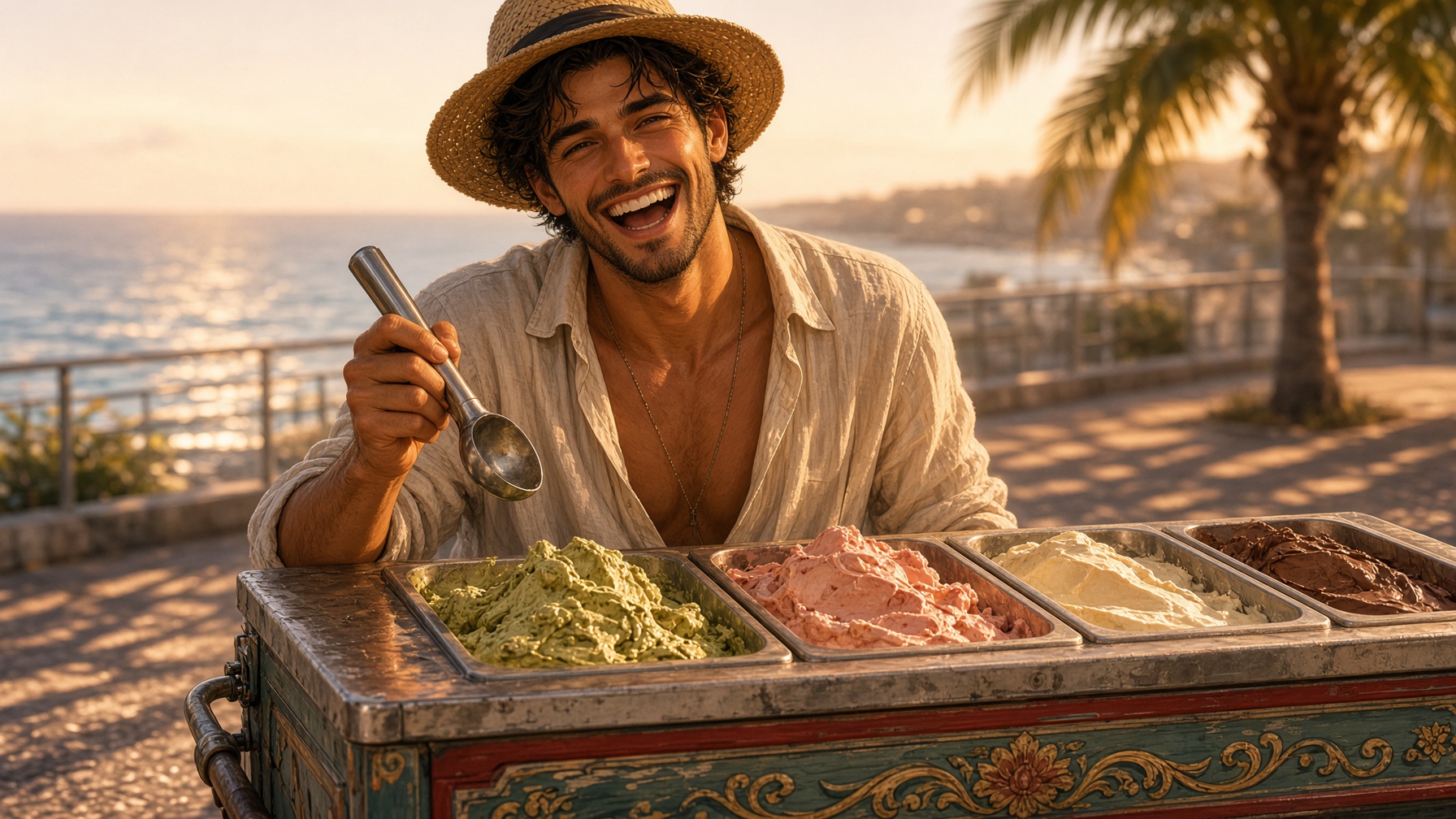A guy at a gelato cart on the promenade