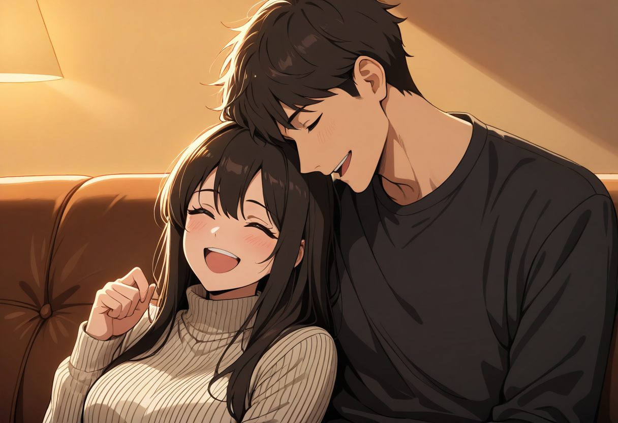 Two people laughing on a couch, one holding a phone up to show the other something on the screen