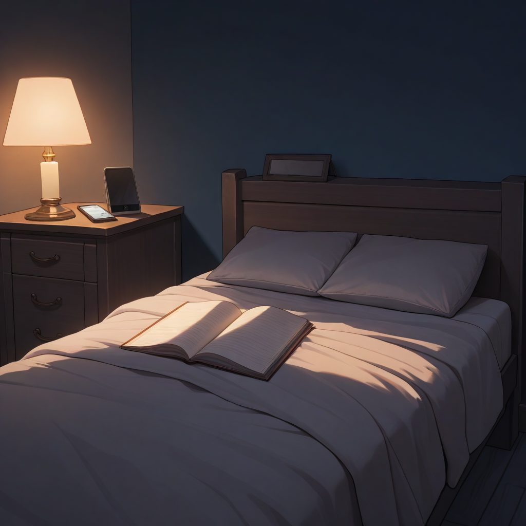 Dormitorio en penumbra: un cuaderno abierto sobre la cama y el teléfono encendido en la mesilla, las dos formas de escribir la misma escena.