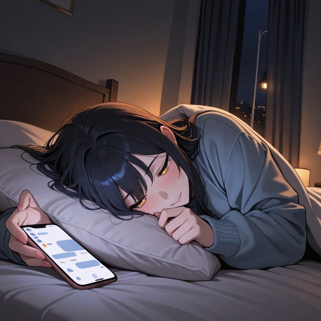 Chica leyendo una conversación en el teléfono, tumbada en la cama de noche: la historia continúa mensaje a mensaje en un chat con el personaje.