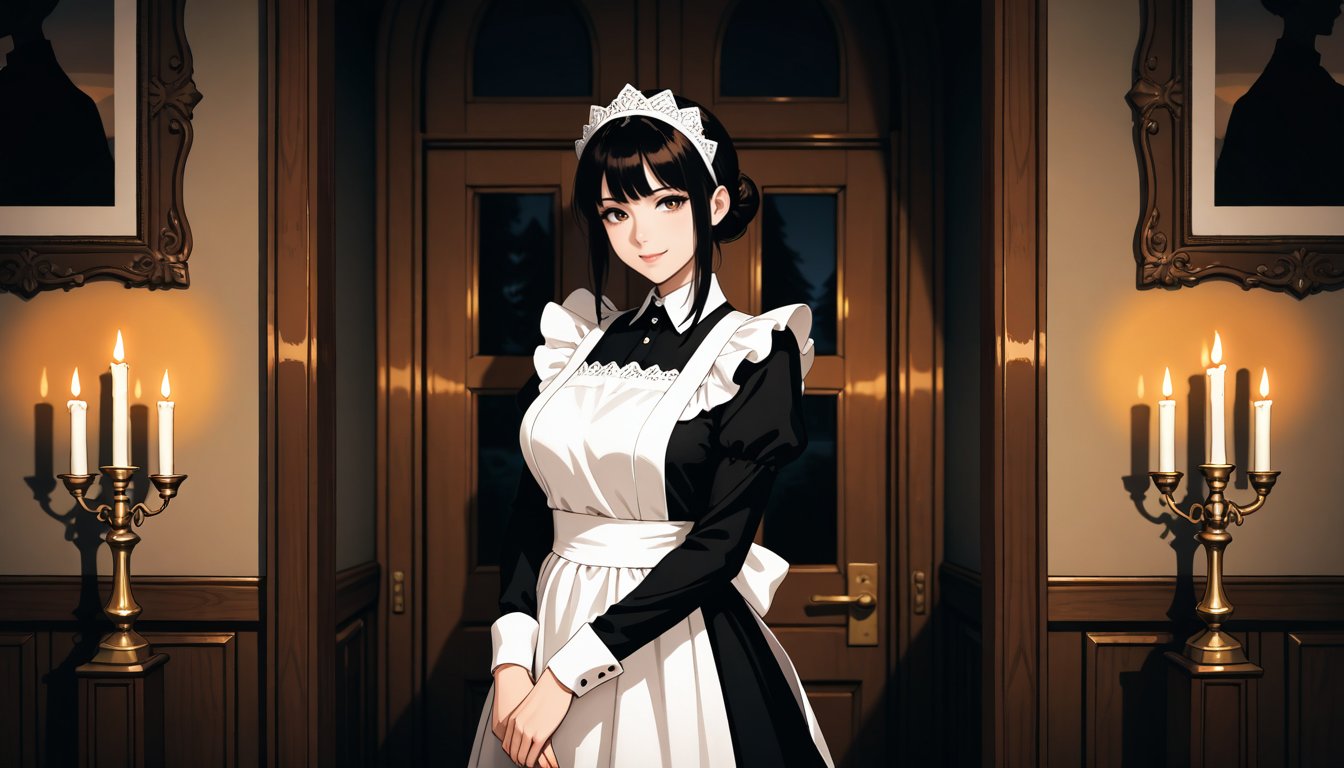 Горничная со свечой в тёмном коридоре поместья