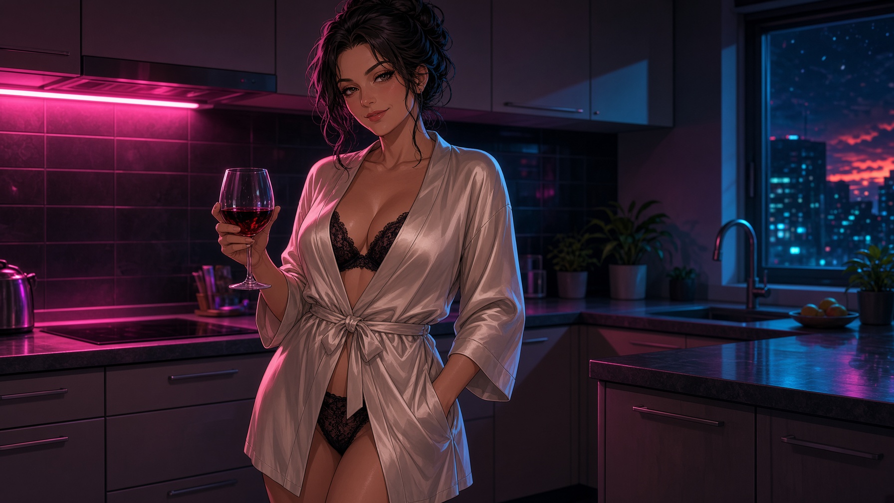 A woman with a glass of wine in a late kitchen
