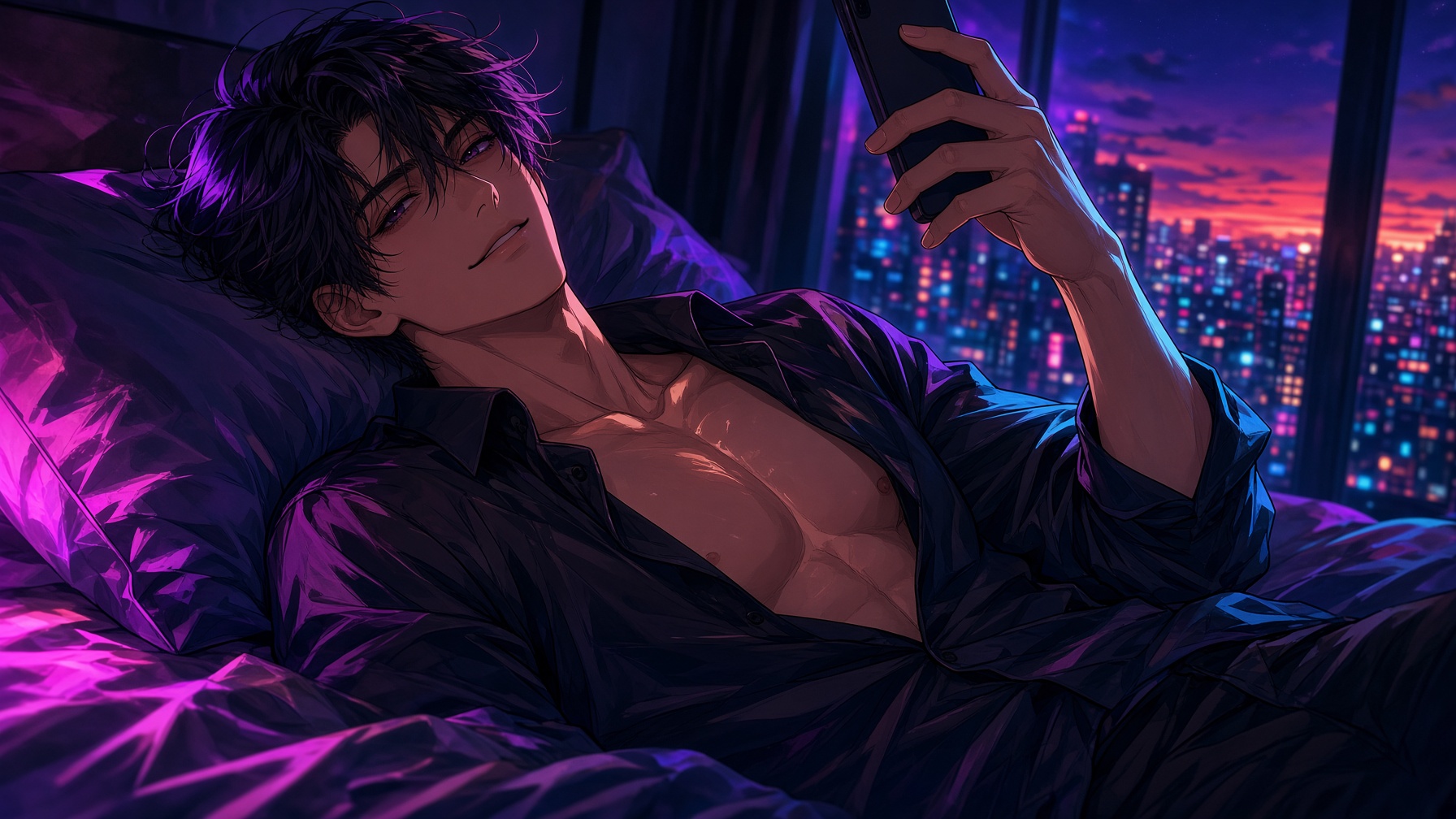 A man with a phone on the bed at night