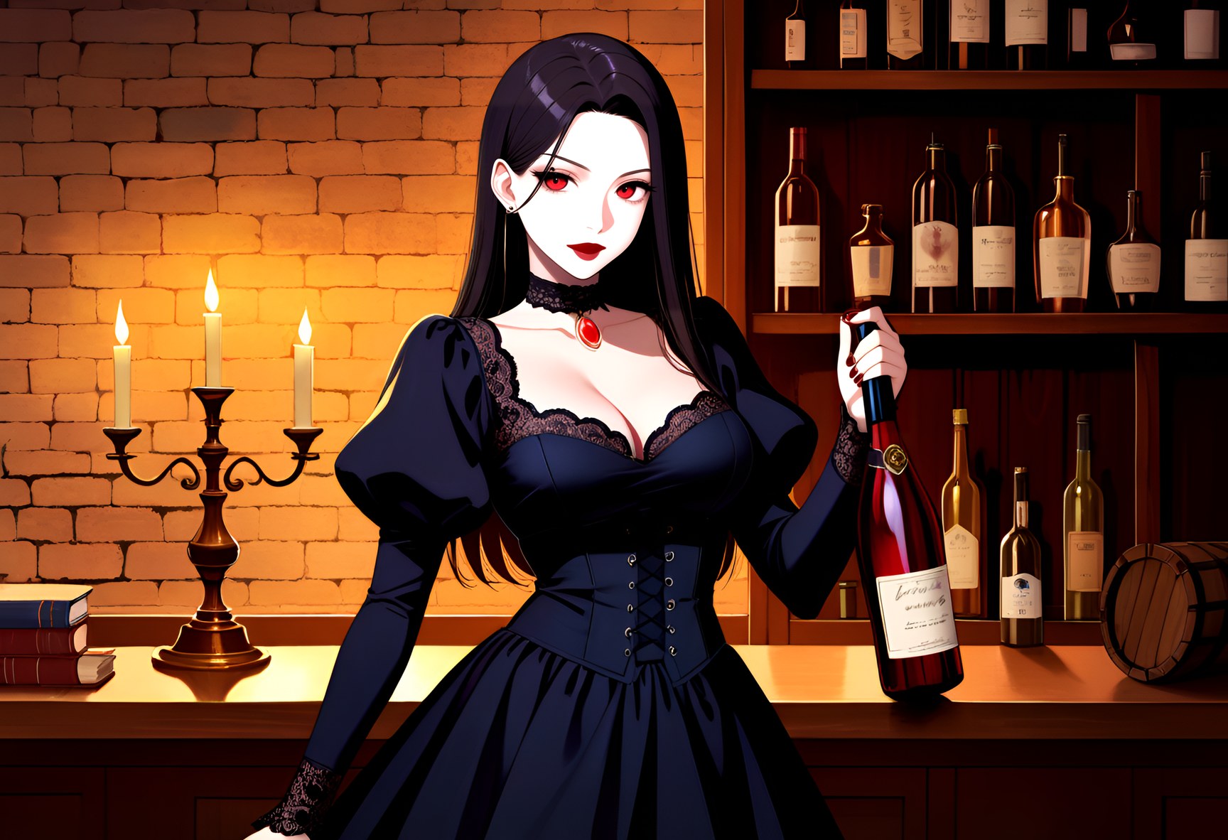 A woman with a bottle of wine in a candlelit cellar