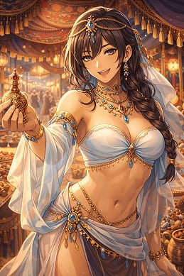 Ashat — chica virtual-comerciante y aventurera del bazar oriental para chat de roleplay con IA en RPDATE